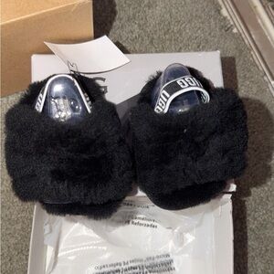 UGG Black Kids Fuzzy Slide Sandals with Branded Strap